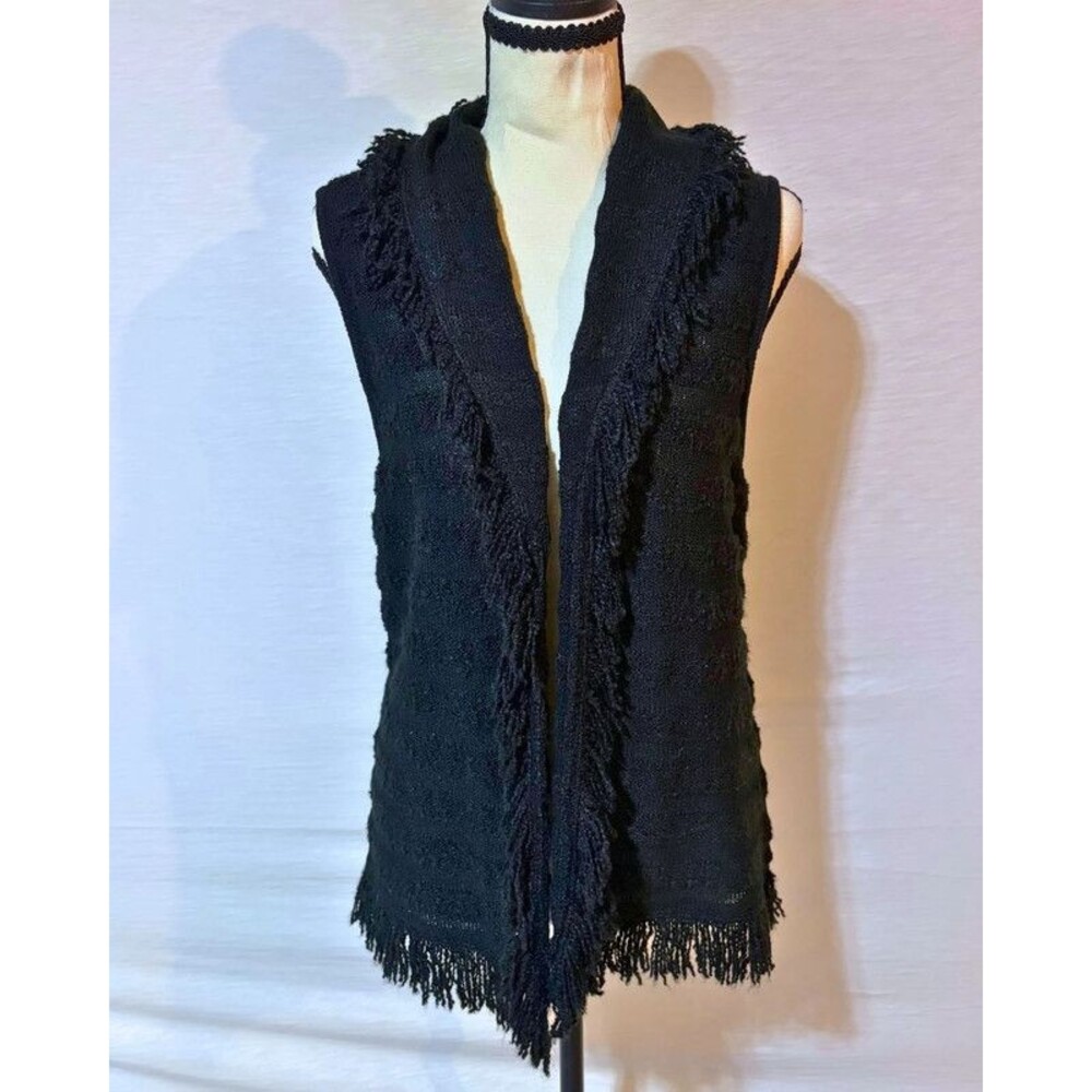 Chicos Black Fringe Knit Vest Size 0 Sleeveless Open Front Eyelash Duster